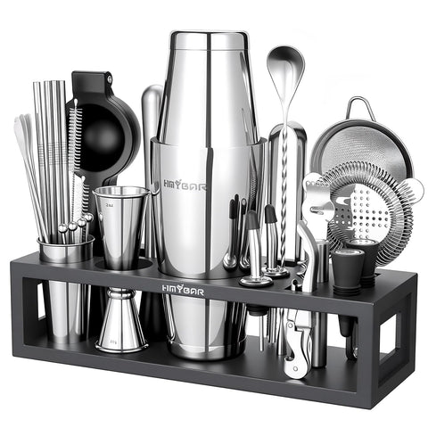 Kit HMYBAR Mixology en soporte de bambú negro, orden y estilo para la barra en casa.