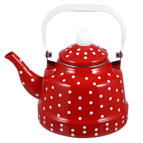 Hoceium hervidor vintage esmaltado con puntos rojos y blancos, ideal para té diario.