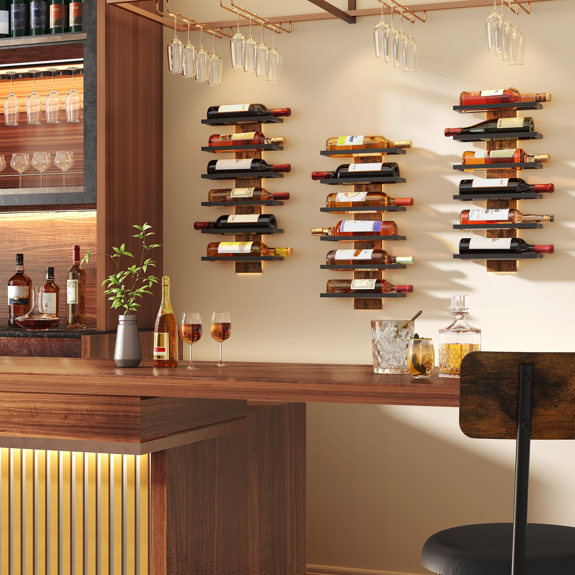 Hoctieon estante mural 6 botellas, detalle madera natural.
