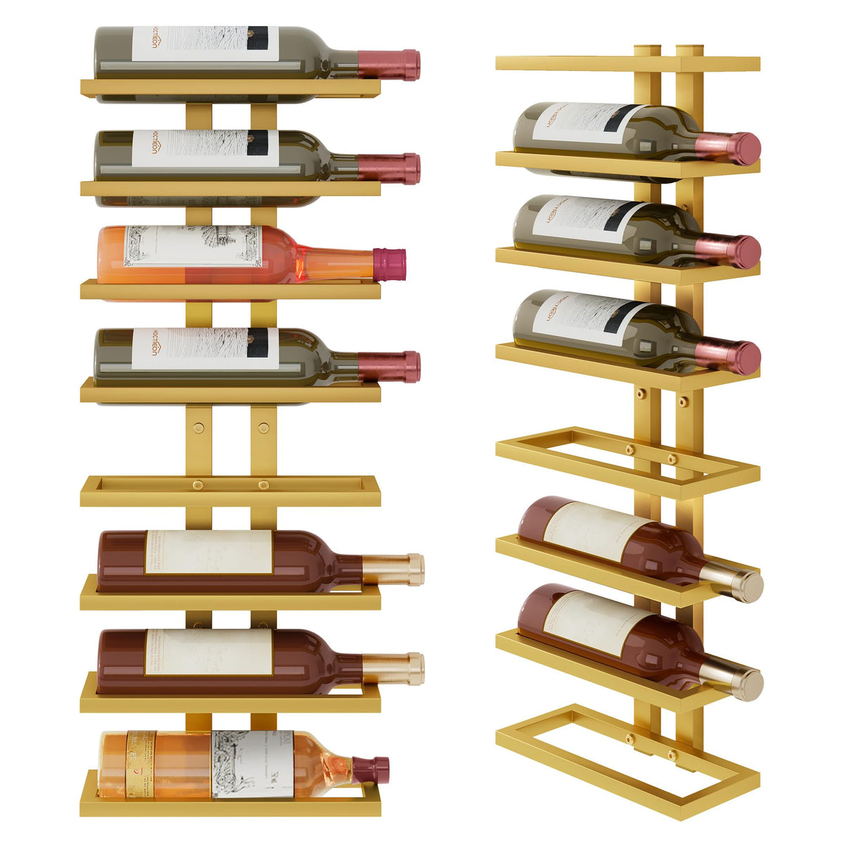 Hoctieon estante de pared para 8 botellas en acabado oro, ideal para ahorro de espacio.