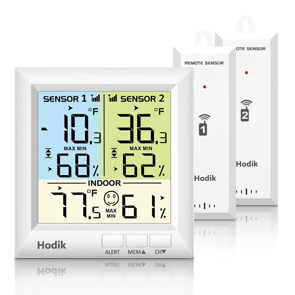 Termómetro Hodik inalámbrico con pantalla clara para revisar la temperatura de nevera y congelador.