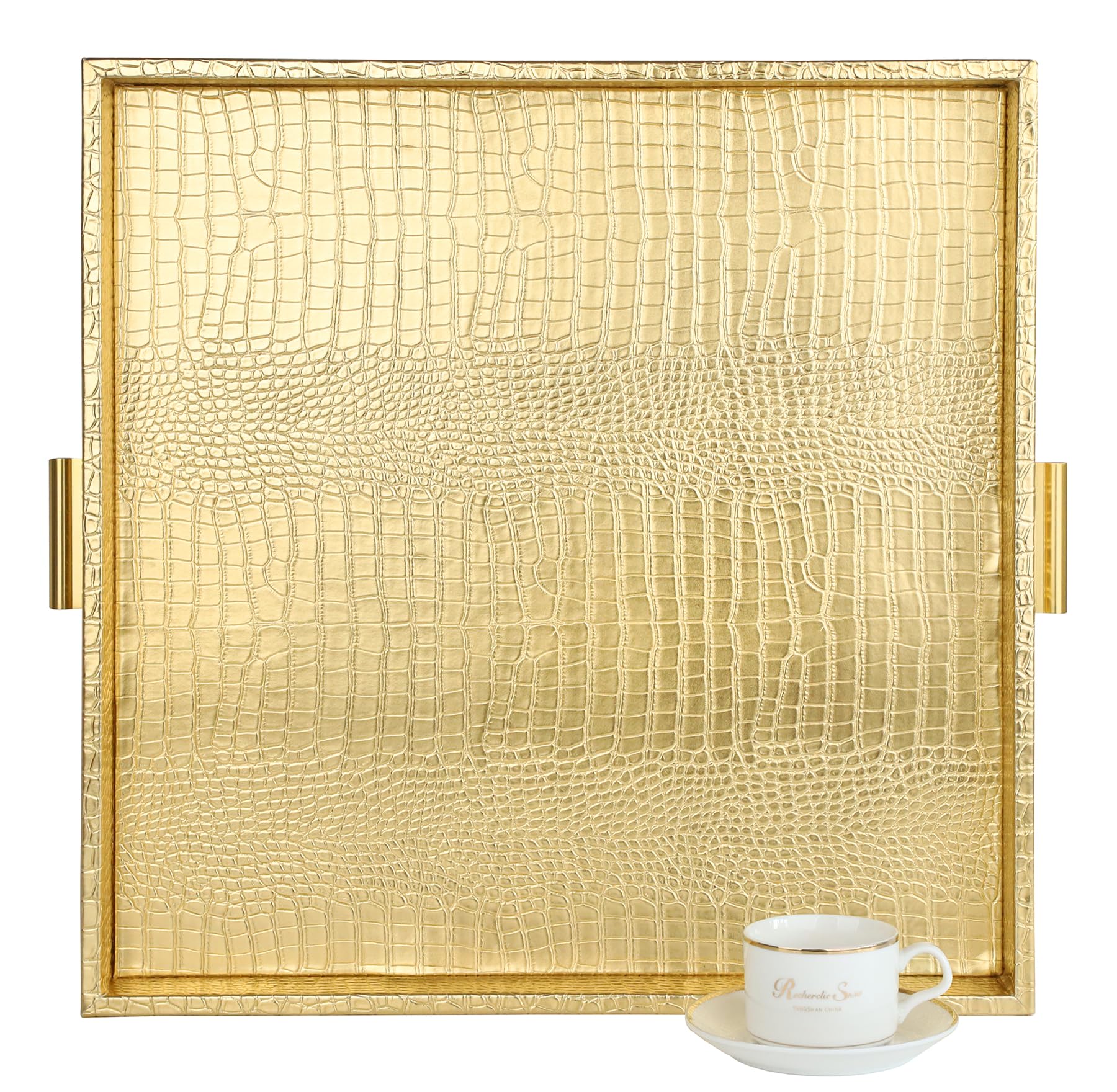 Bandeja de servicio decorativa HofferRuffer, cuadrada y dorada, ideal para servir bebidas.
