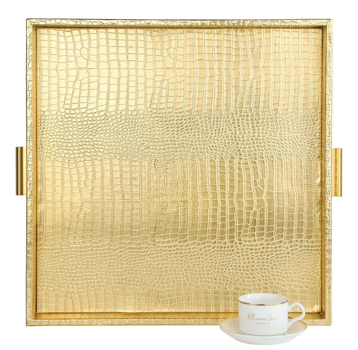 Bandeja de servicio decorativa HofferRuffer, cuadrada y dorada, ideal para servir bebidas.