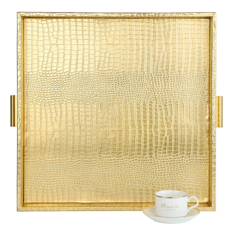 Bandeja de servicio decorativa HofferRuffer, cuadrada y dorada, ideal para servir bebidas.
