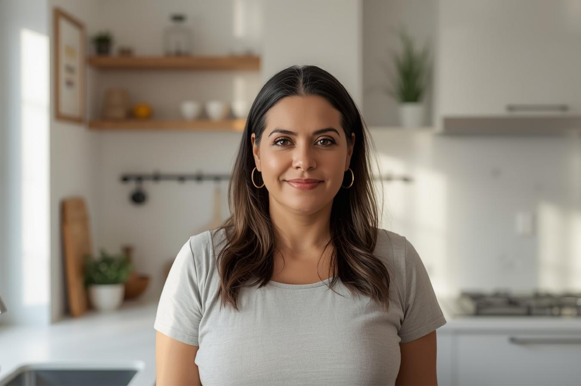 Persona mexicana en una cocina moderna representando el equipo y los valores de HogarMexico
