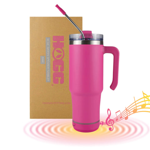 Copa Hogg con altavoz rosa para escuchar música en cualquier lugar.