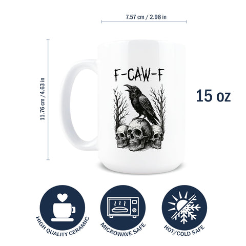Detalle de mensaje oculto de la taza F-Caw-F para sorpresas divertidas.