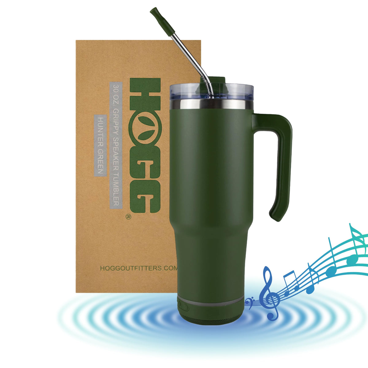 Taza Hogg Grippy 30 oz con altavoz inalámbrico frontal, para escuchar música mientras bebes.