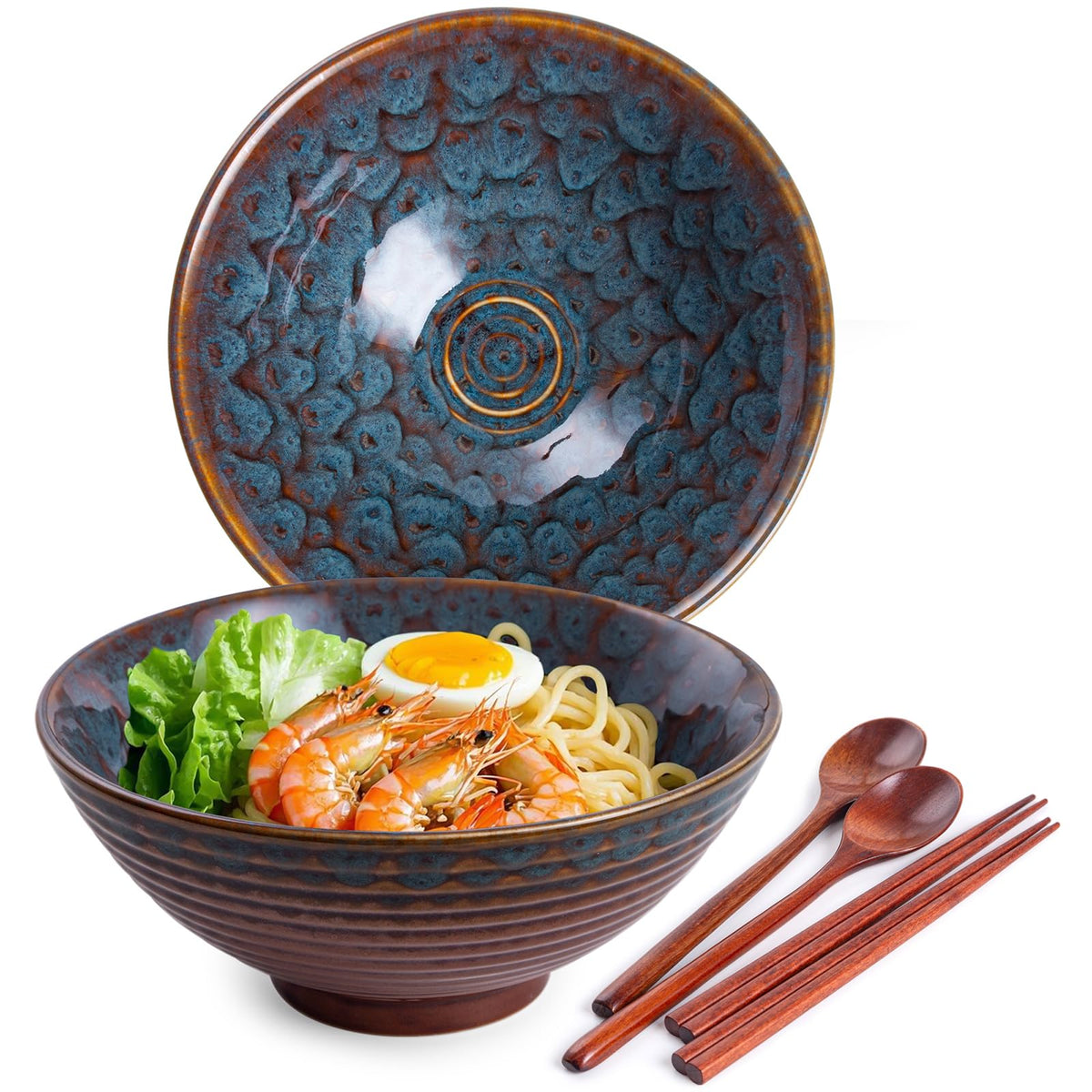 Conjunto Hokeler de cuencos ramen cerámicos de 8 pulgadas, verde pavo real, perfecto para ramen.