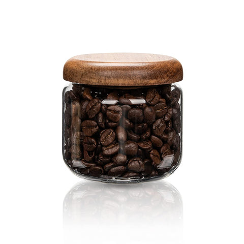 HolaJia tarro de vidrio 400 ml con tapa de madera nogal, almacenamiento compacto y seguro.