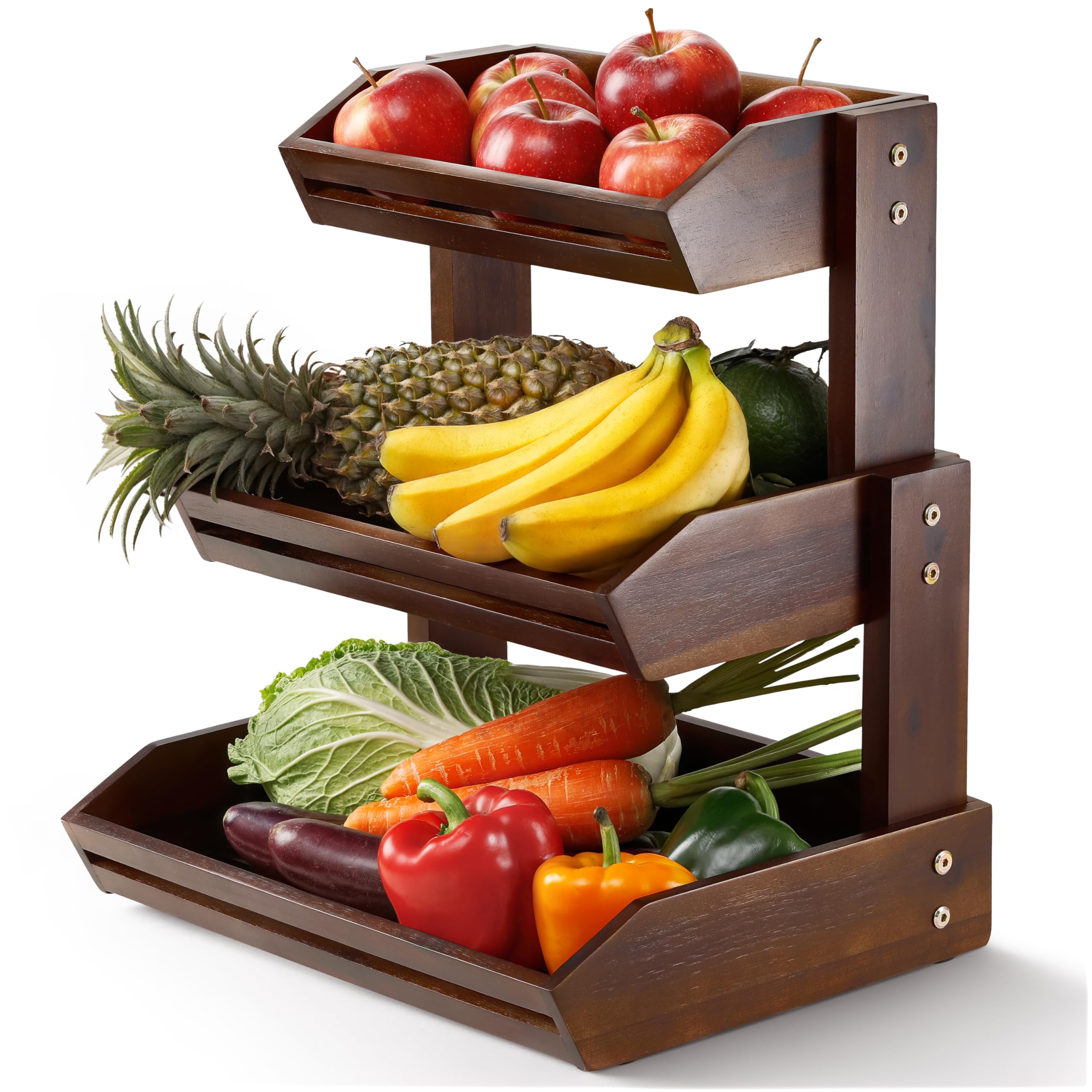HOLANA Acacia cesto frutar tres niveles encimera nogal: organización eficiente para frutas frescas.