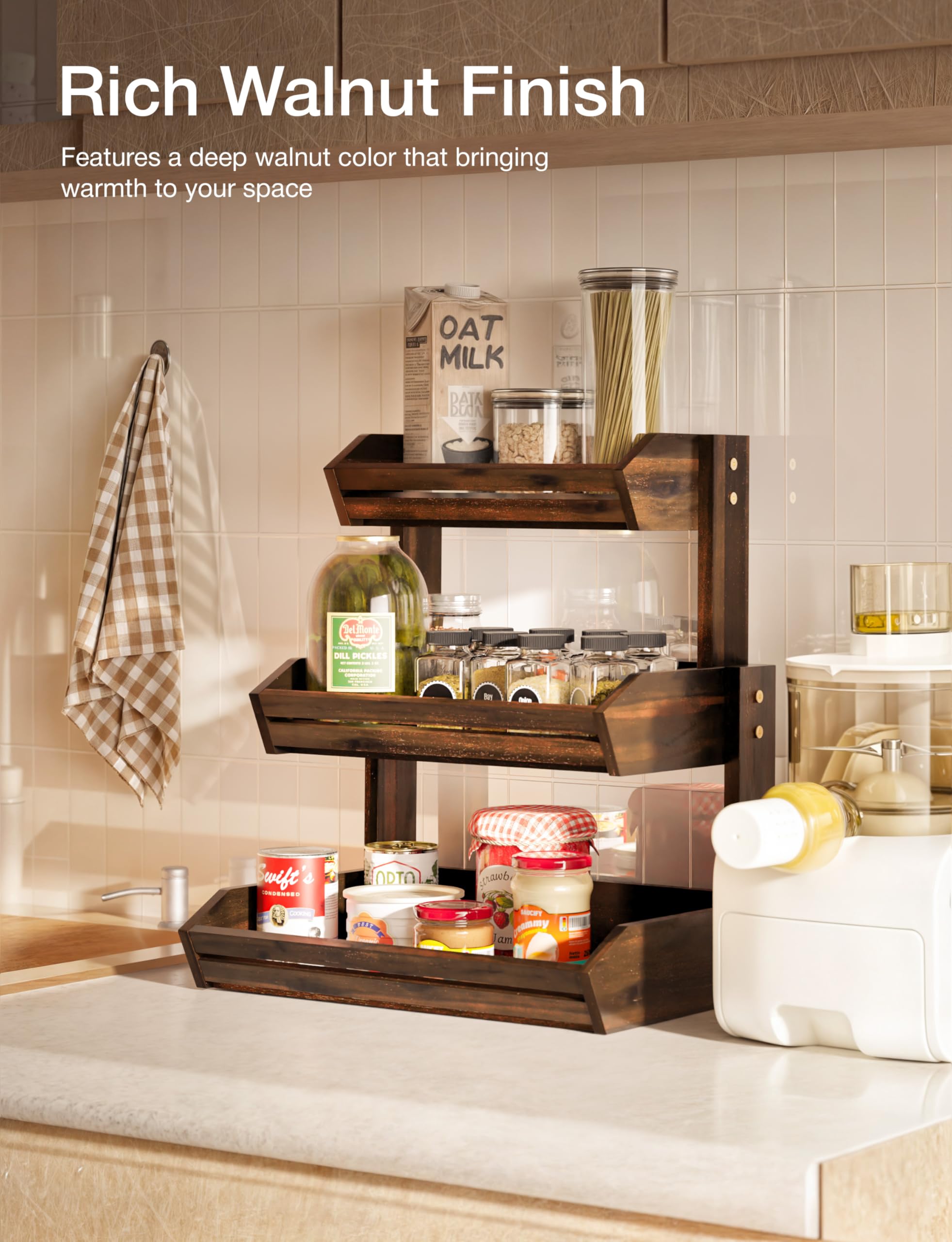 HOLANA Acacia organizador counter top frutas nogal: visualiza snacks y frutas fácilmente.