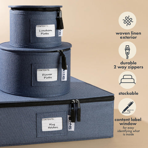 HOLDN’ STORAGE: caja dura denim azul, divisiones acolchadas que reducen arañazos.