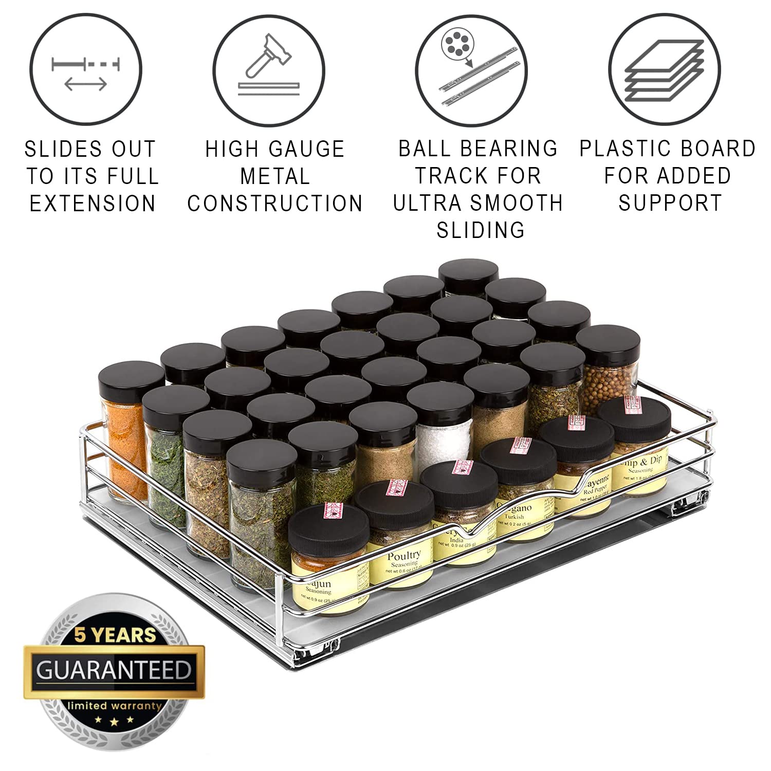 Organizador de gabinete HOLDN STORAGE para especias y latas, acabado cromado duradero.