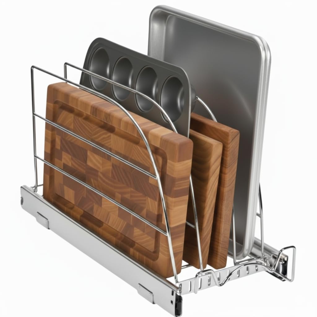 HOLDN’ STORAGE organizador corredero para bakeware, bandejas ordenadas y al alcance.