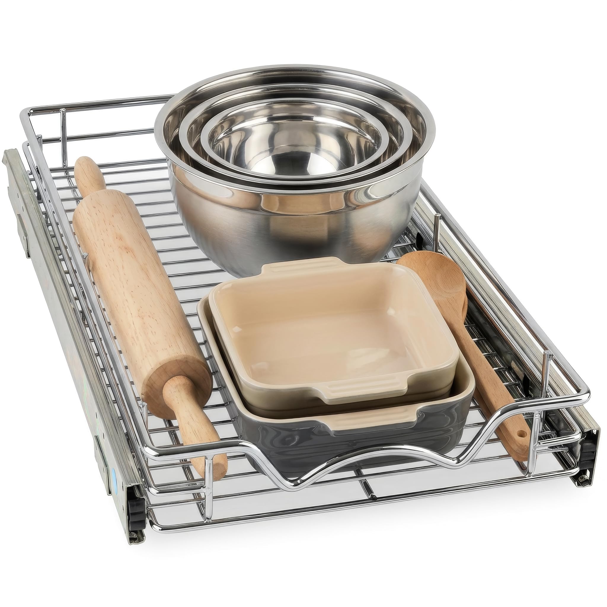HOLDN’ STORAGE organizador-cajon-deslizante-cocina en acero facilita el acceso a utensilios.