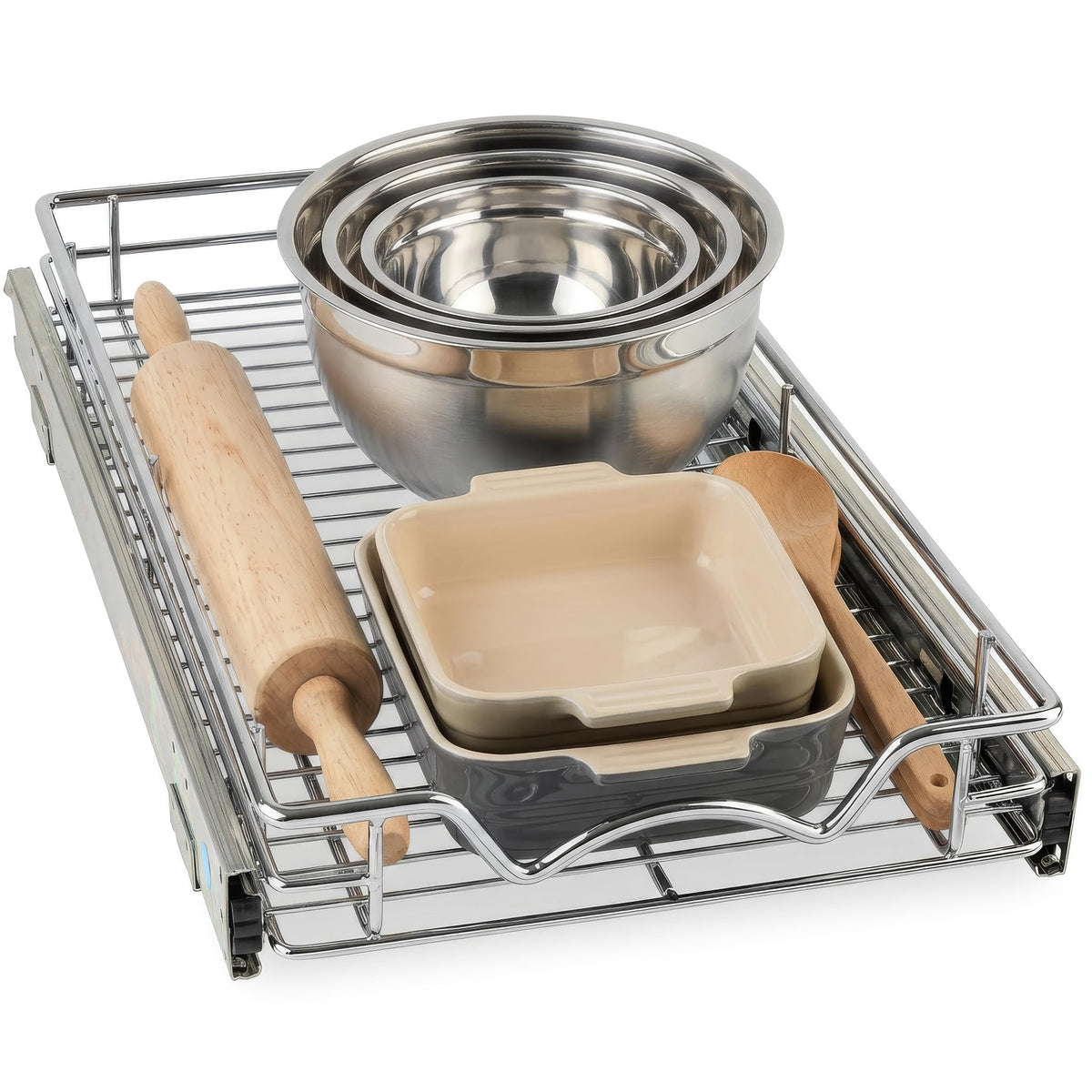HOLDN’ STORAGE organizador-cajon-deslizante-cocina en acero facilita el acceso a utensilios.