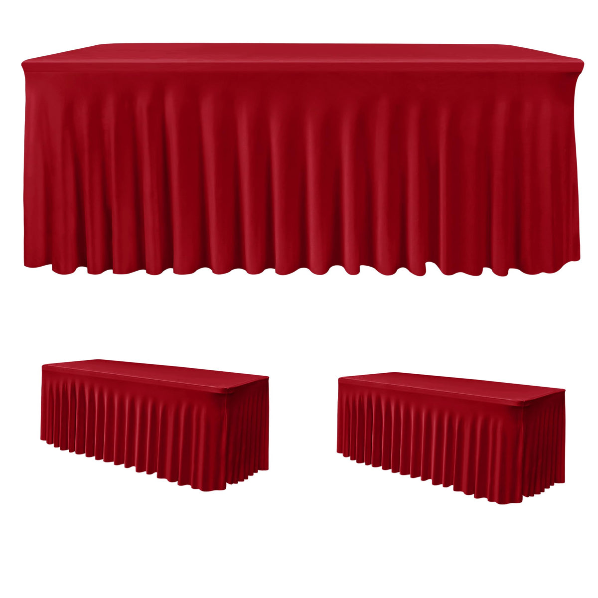 HolidayIdeas: dos faldas de mesa spandex rojas para mesa de 8 pies, listas para fiestas.