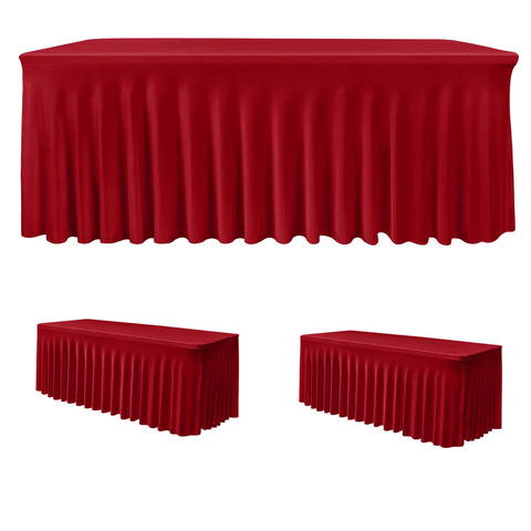 HolidayIdeas: dos faldas de mesa spandex rojas para mesa de 8 pies, listas para fiestas.