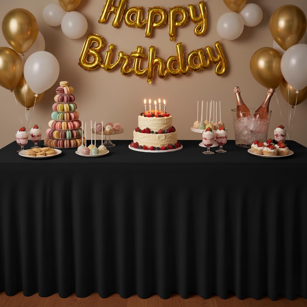 HolidayIdeas falda de mesa licra negra para rectángulos, oculta objetos y mejora la decoración