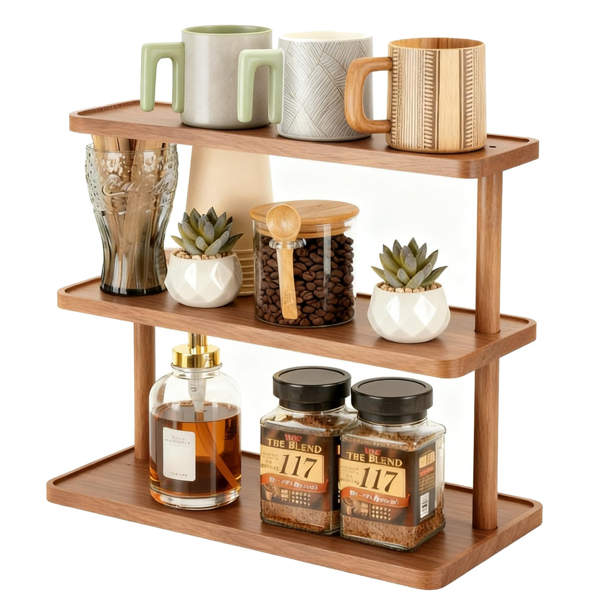 HOLTPHILI porta-tazas de bambú, vista frontal, estante de 3 niveles para tazas y especias, almacenamiento eficiente.