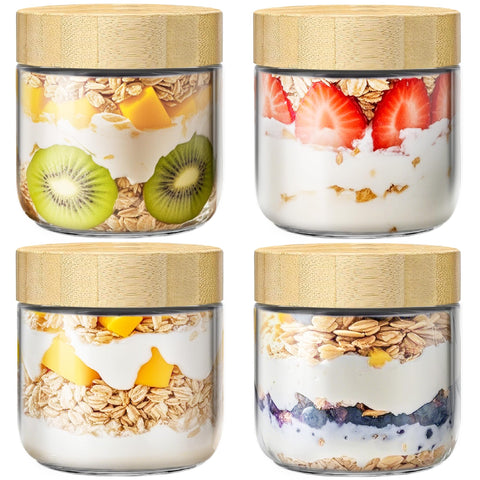 HomArtist jarra de vidrio 10oz con tapa de bambú, boca amplia para rellenar fácilmente.