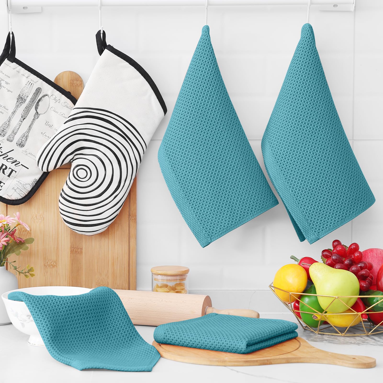 Paños de cocina Homaxy color azul lago para combinar con decoración.