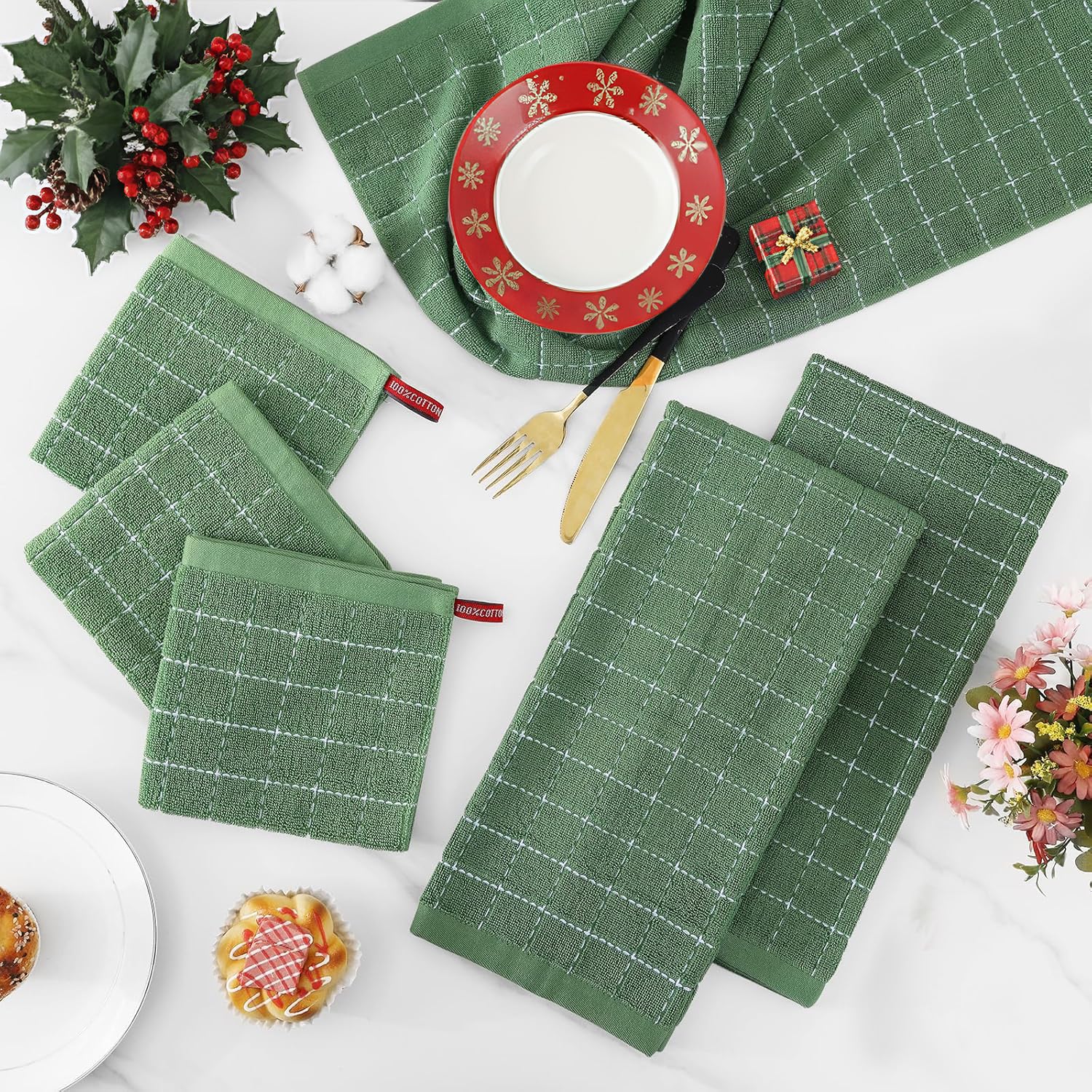 Toallas Homaxy verde hierba de 12x28 cm, tamaño práctico para secar utensilios.