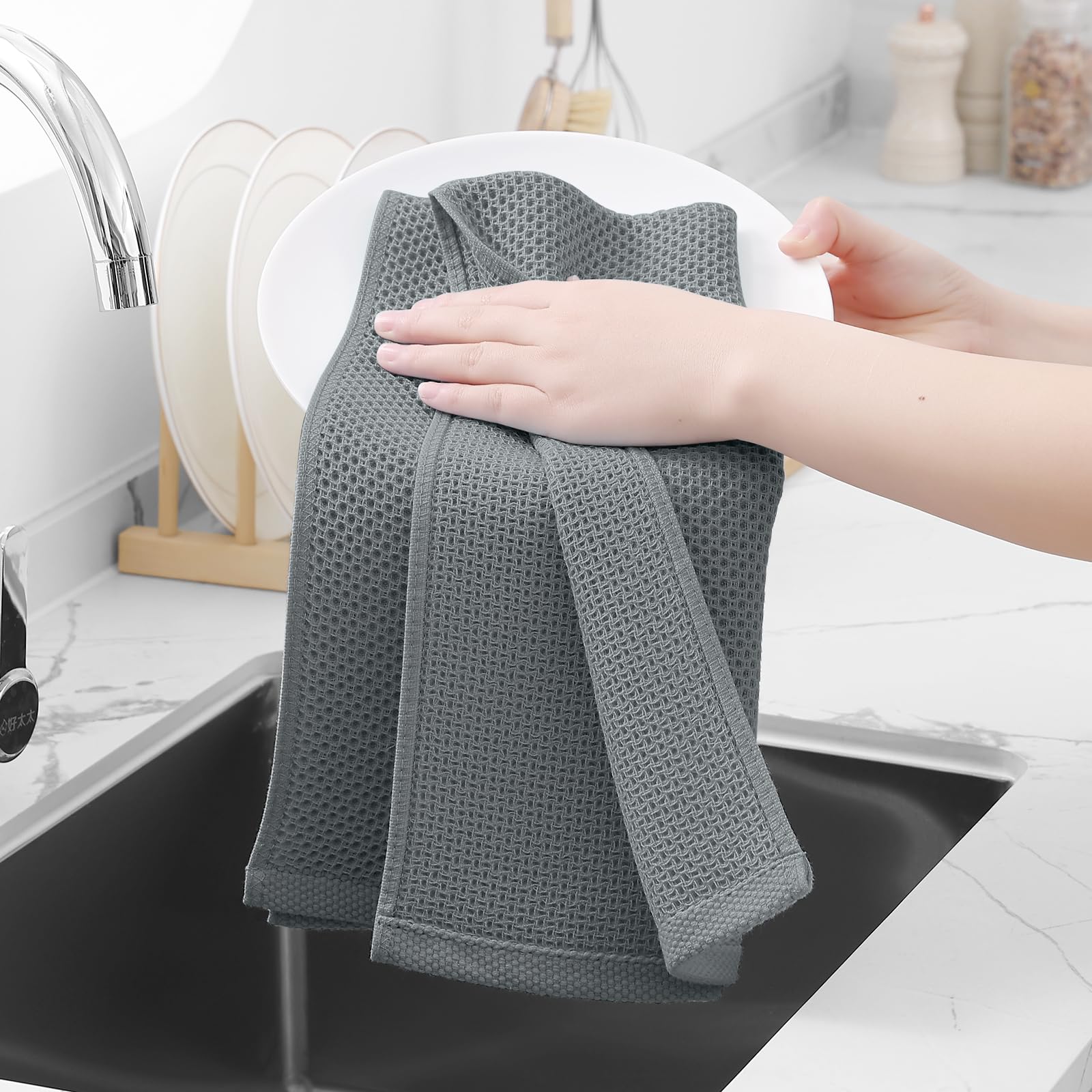 Homaxy toallas cocina waffle gris, tacto suave ideal para secar utensilios delicados.