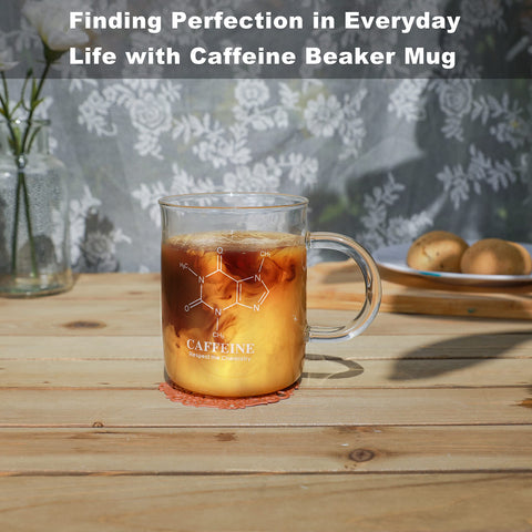 Homazing Taza Beaker diseño molécula cafeína, ideal para amantes de la ciencia.