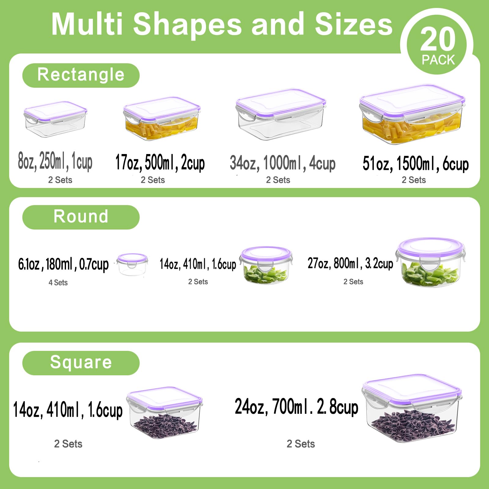 Contenedores rectangulares HOMBERKING en juego de 240 ml, 500 ml y 1000 ml para la preparación de comidas.