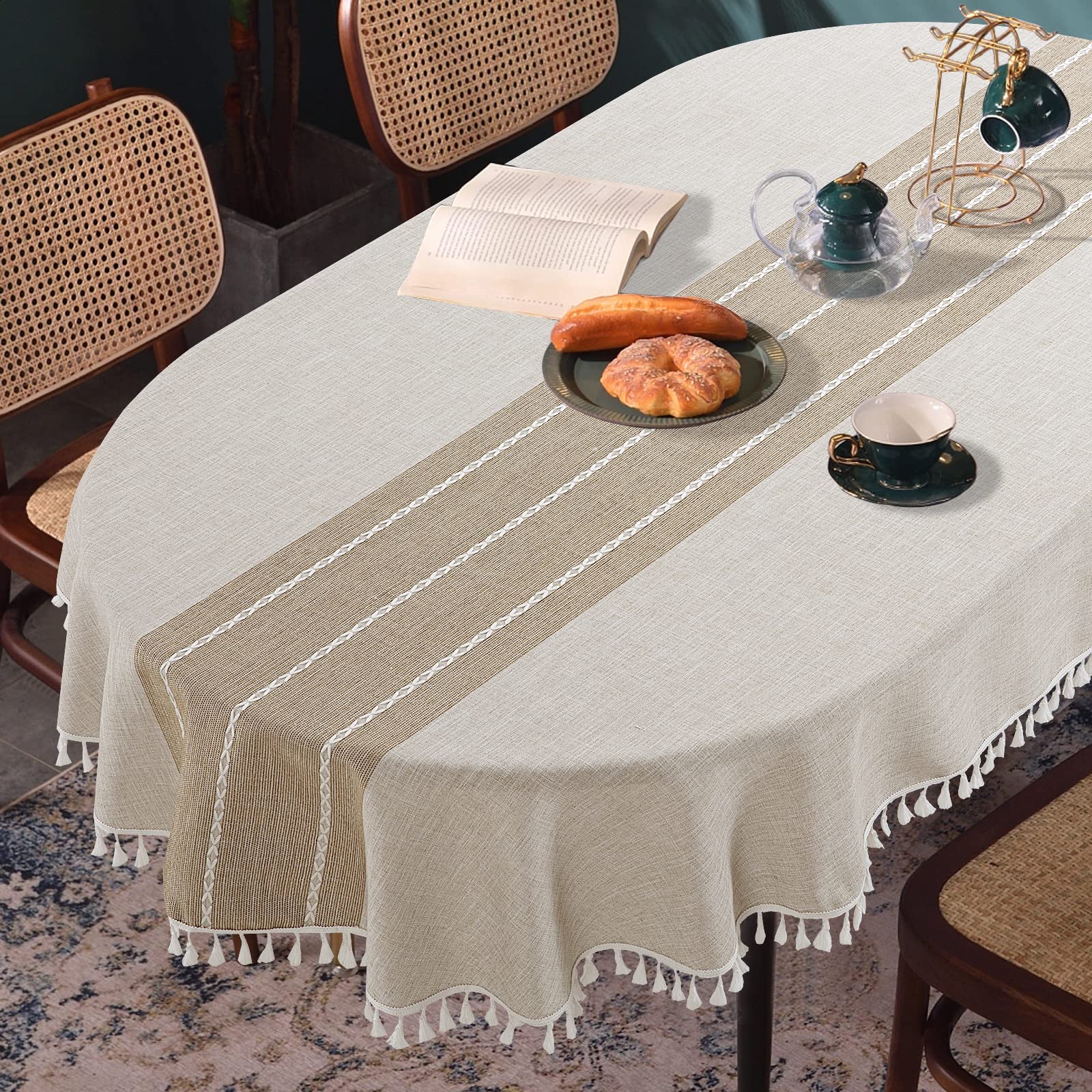 Mantel ovalado HOMBYS con bordado de cuadros y borlas para cenas elegantes