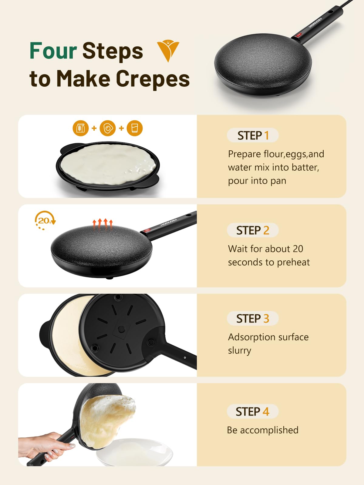 HomCozy Crepe Maker con calefacción rápida garantiza resultados dorados en segundos.
