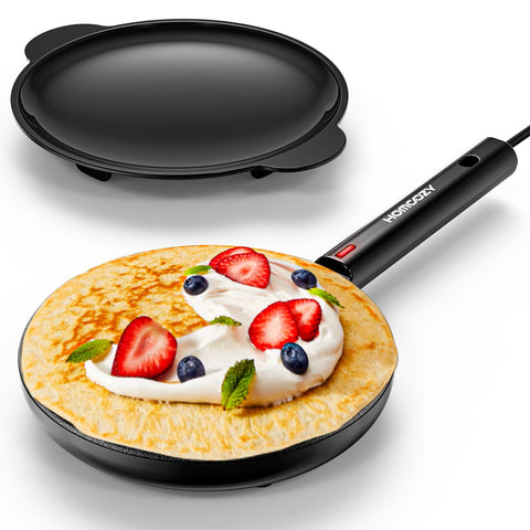 HomCozy crepe maker muestra la placa antiadherente para crepas suaves y fáciles de despegar.