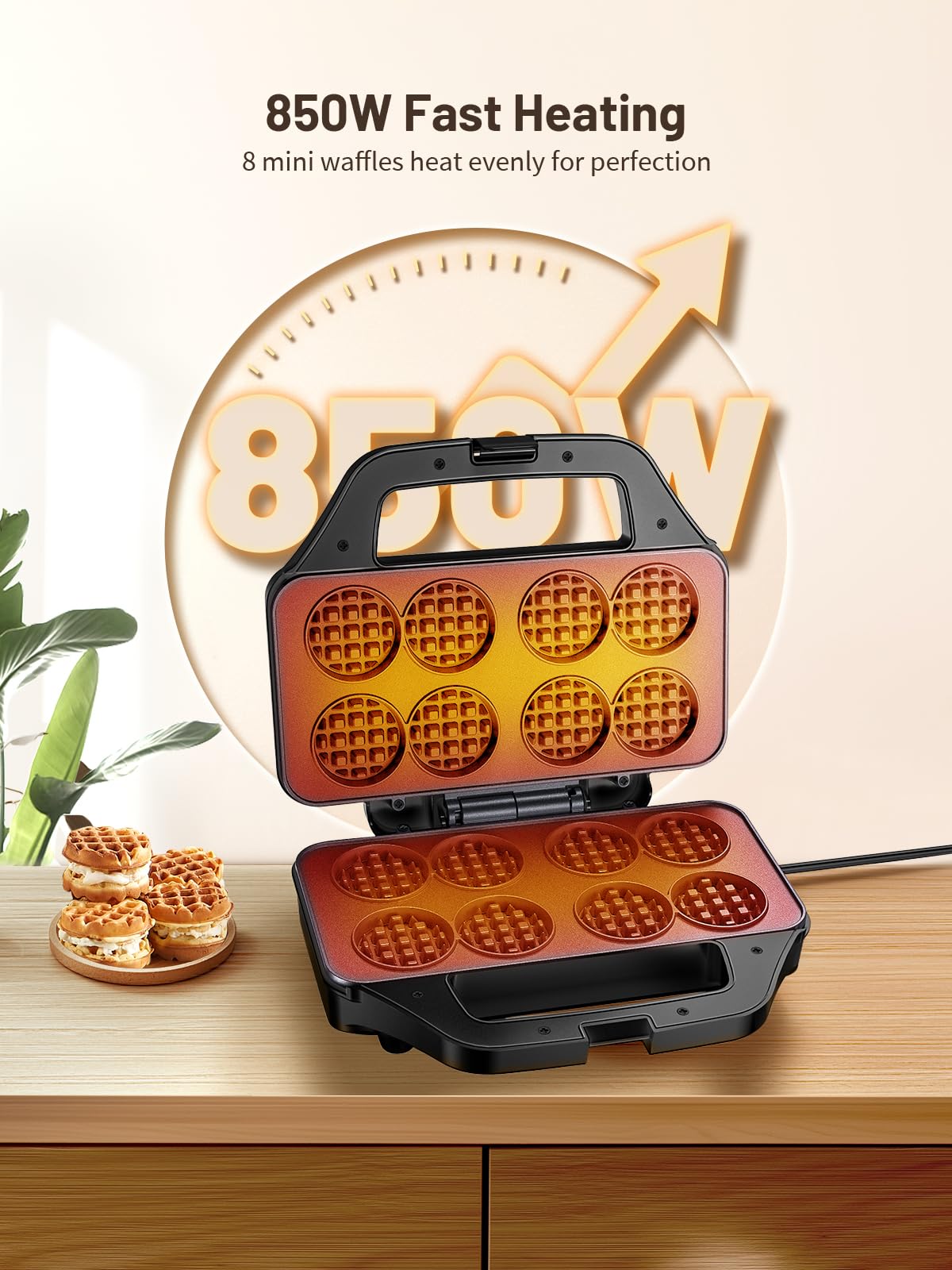 Gofrera HomCozy con diseño compacto, ideal para cocinas pequeñas.