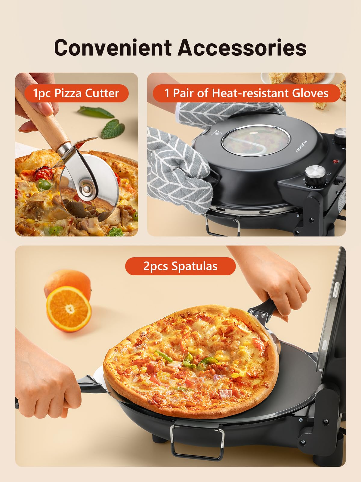 HomCozy Horno Pizza Eléctrico: cortapizzas y guantes aportan seguridad al cocinar en casa