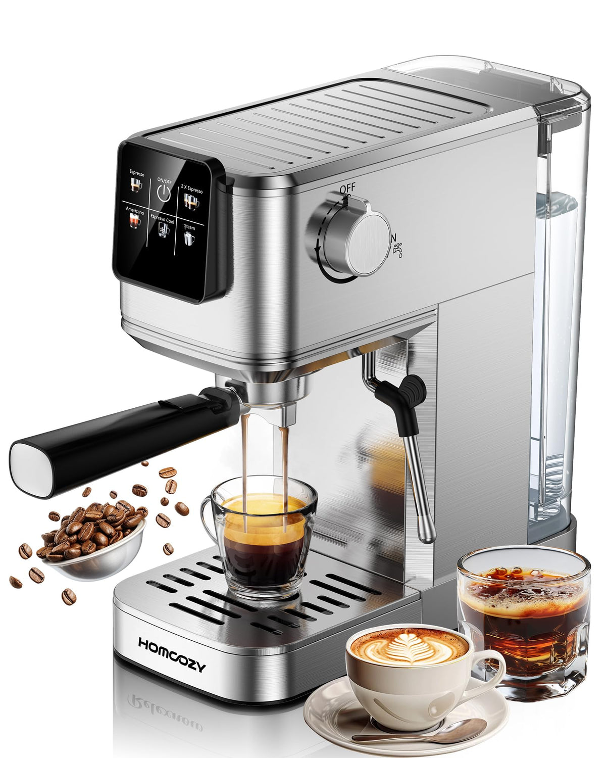 HomCozy máquina espresso 20 bar frontal, ideal para espresso cremoso en casa