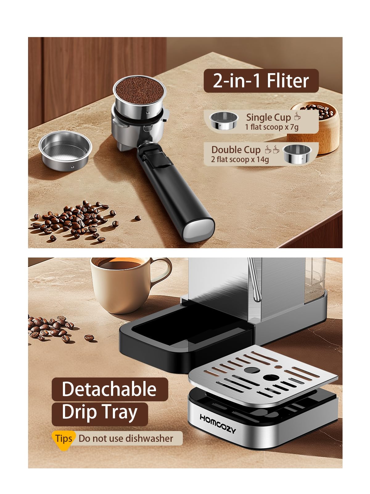 HomCozy máquina espresso 20 bar bandeja de goteo removible para limpieza sencilla.