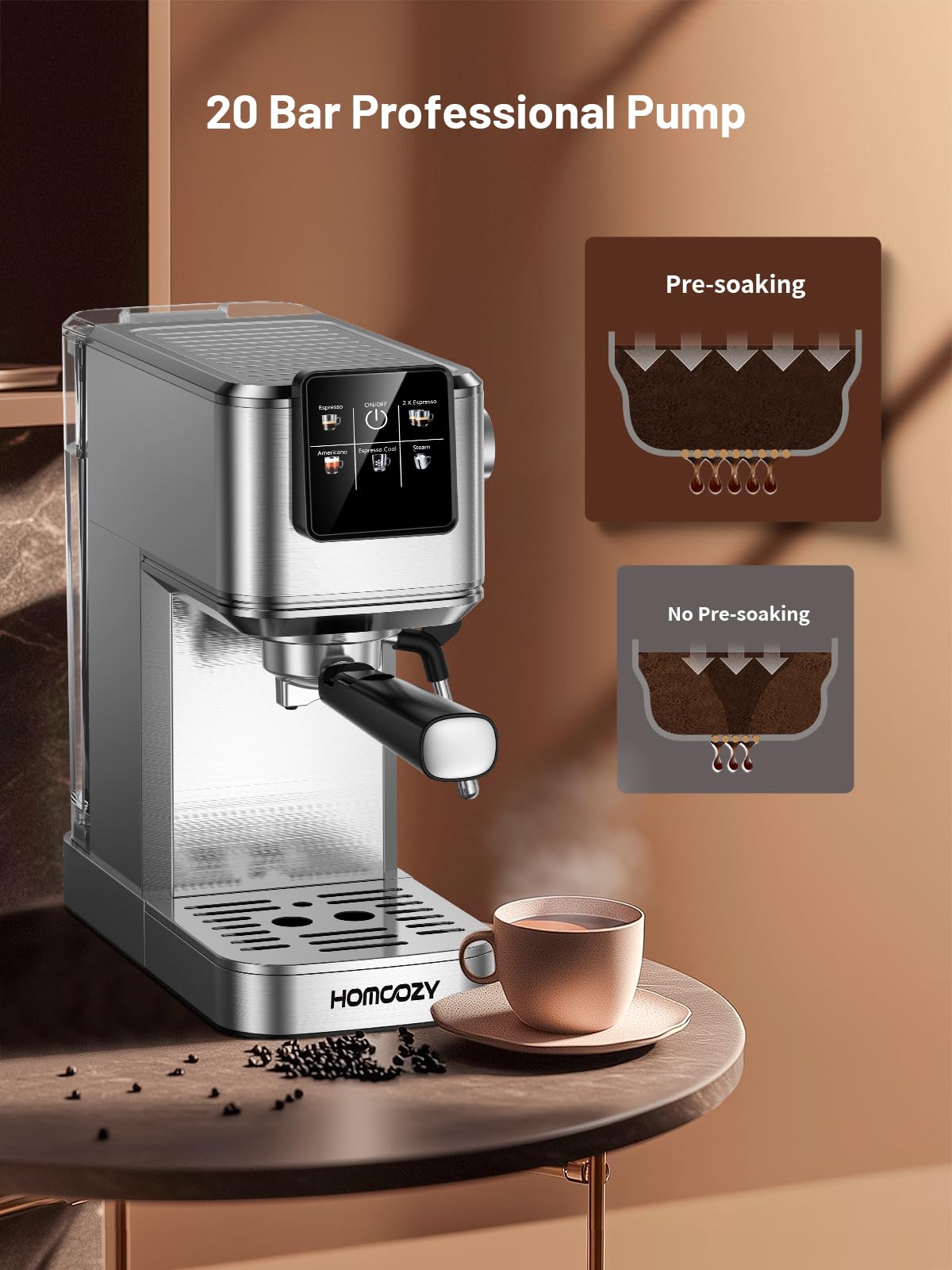 Pantalla táctil frontal de HomCozy para seleccionar bebidas