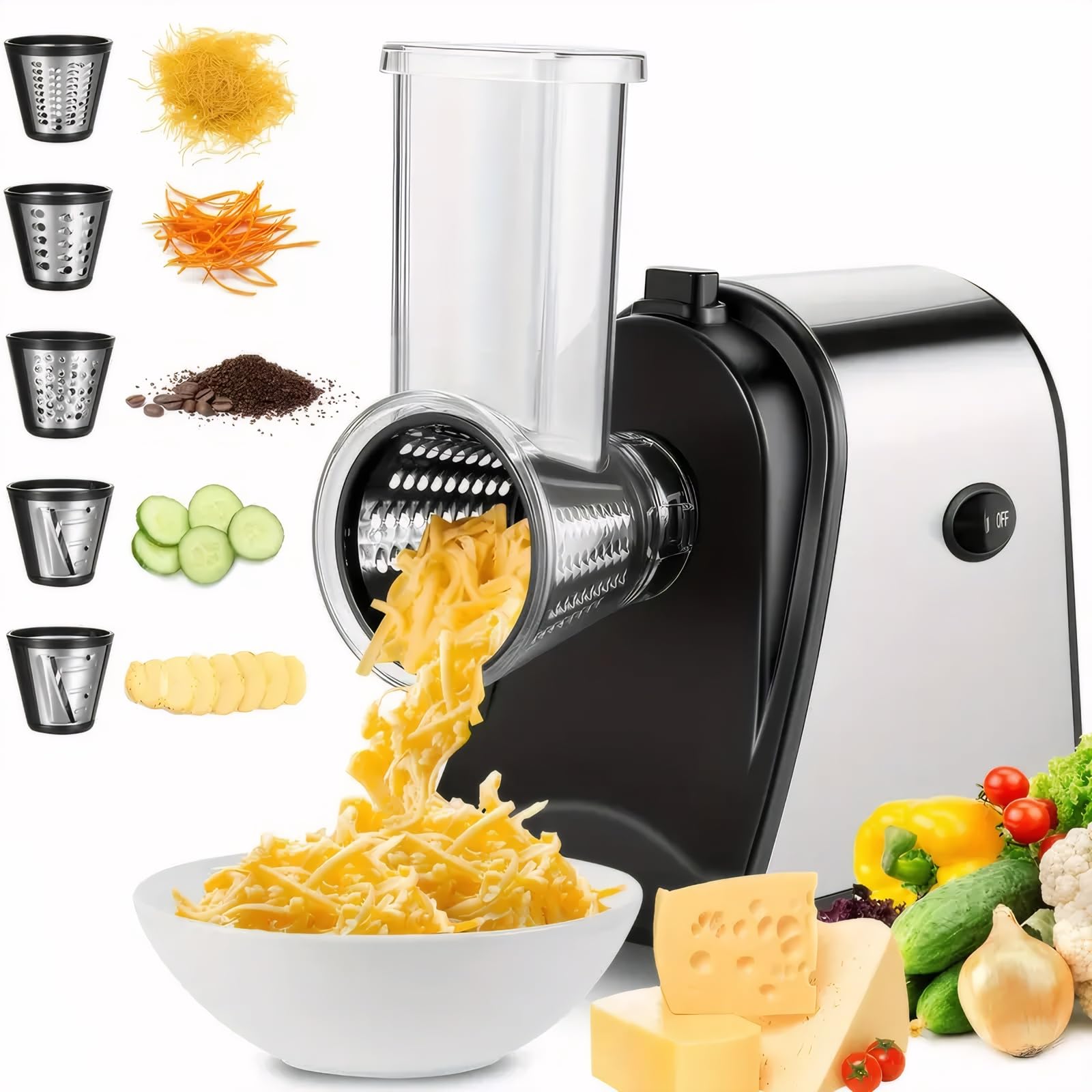 Homdox queso eléctrico rallador con 5 hojas para queso y verduras, rápido y limpio.