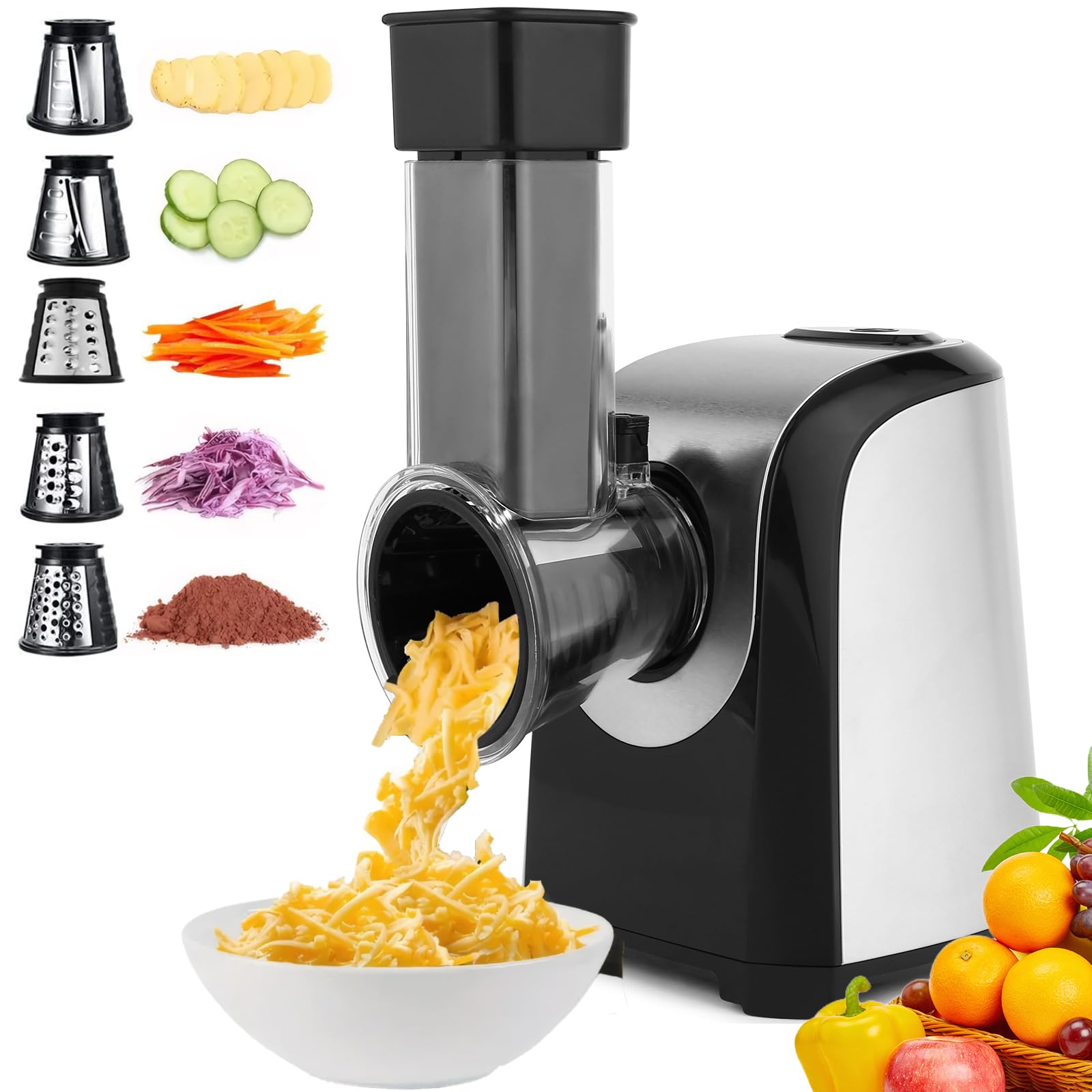 Homdox rallador eléctrico 5 en 1 con cono fino para picar queso y verduras con precisión.