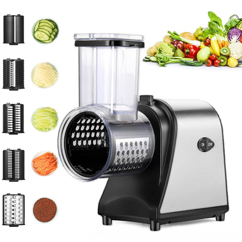 Homdox rallador eléctrico 250W, vista frontal, corta queso y verduras con facilidad.