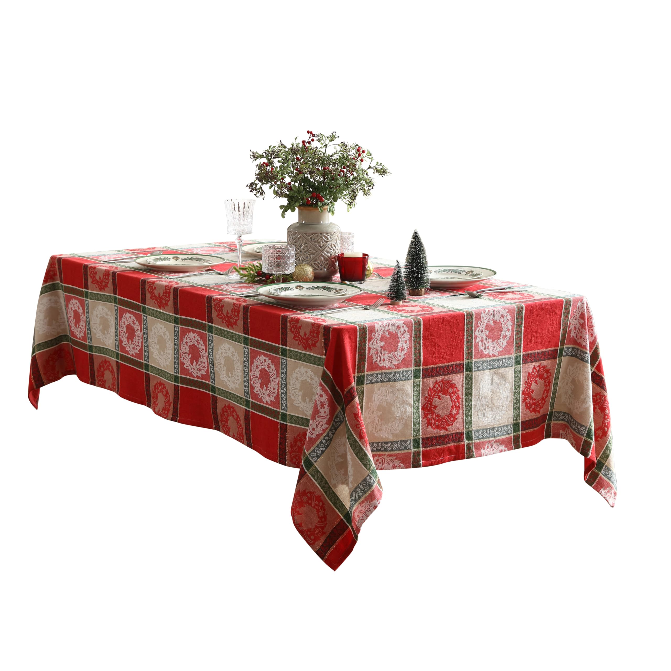 Colores rojo y verde del mantel Home Bargains Plus para decoraciones invernales.