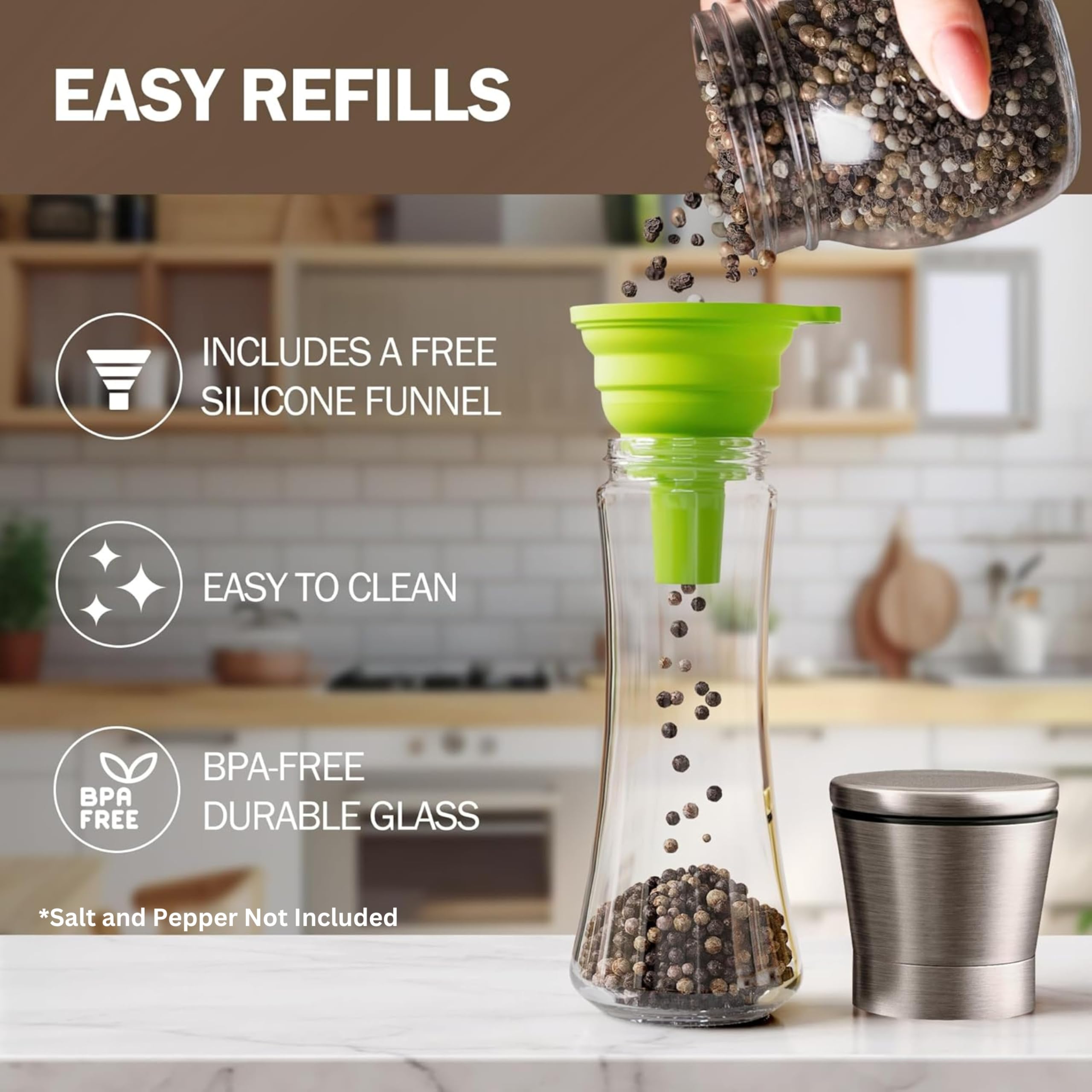 HOME EC llenado fácil y capacidad de 180 ml por molinillo.