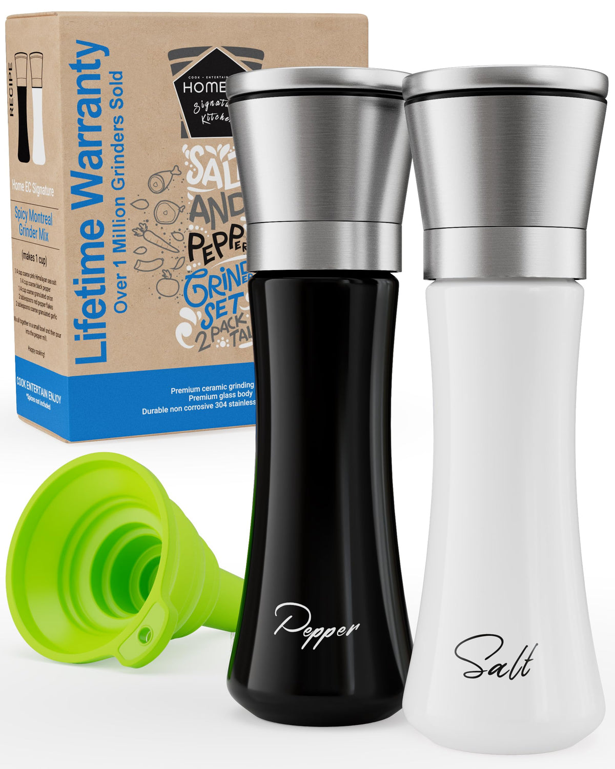 HOME EC molinillos sal pimienta en vidrio y acero inoxidable, fáciles de usar