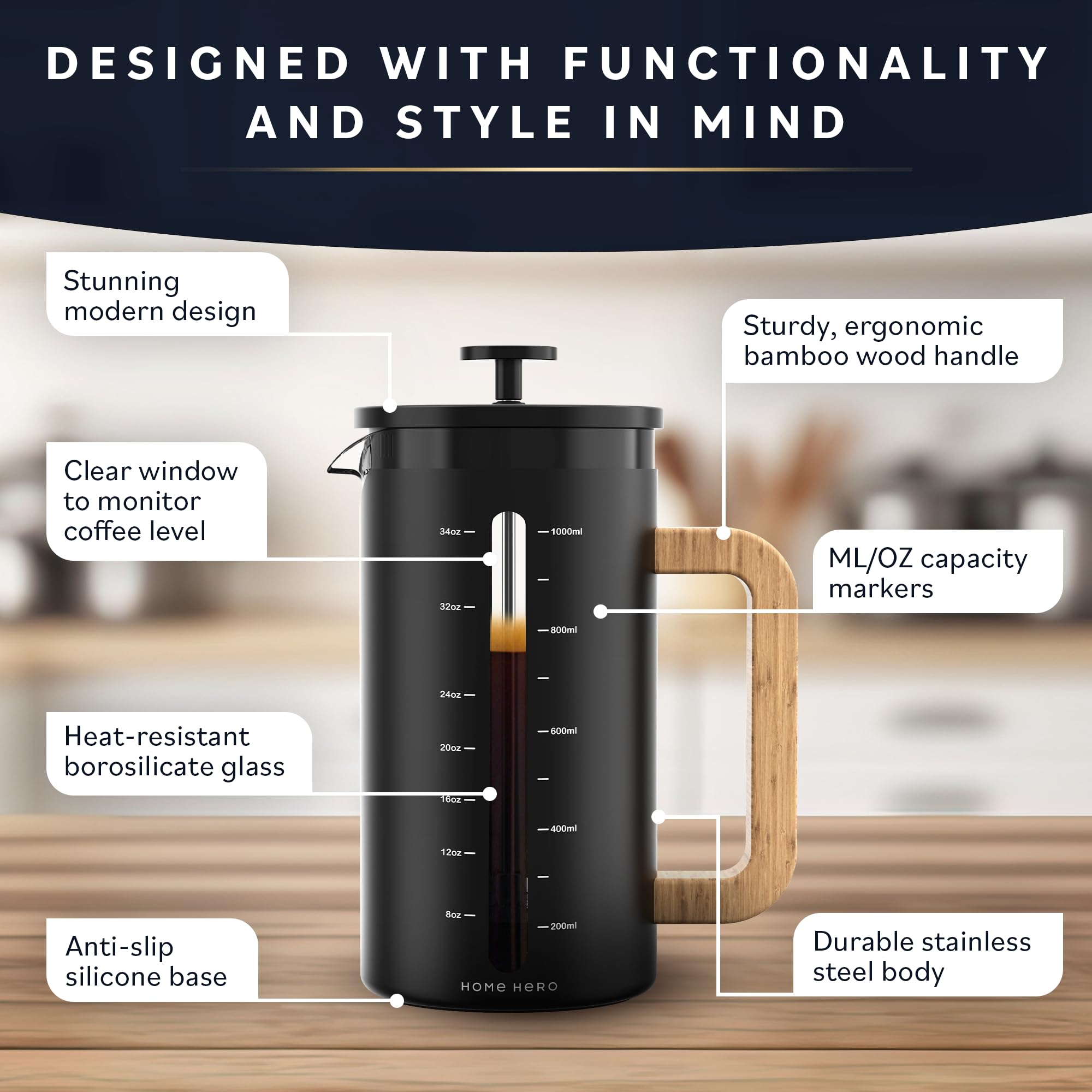 Home Hero: cristal de borosilicato resistente al calor, mantiene el sabor.