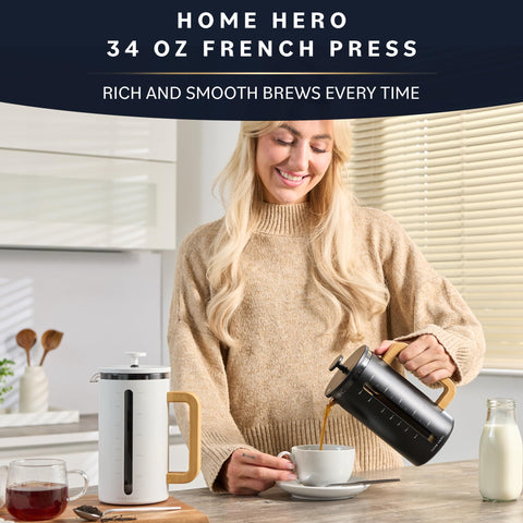 Home Hero: cuerpo de acero inoxidable negro, diseño duradero para uso diario.
