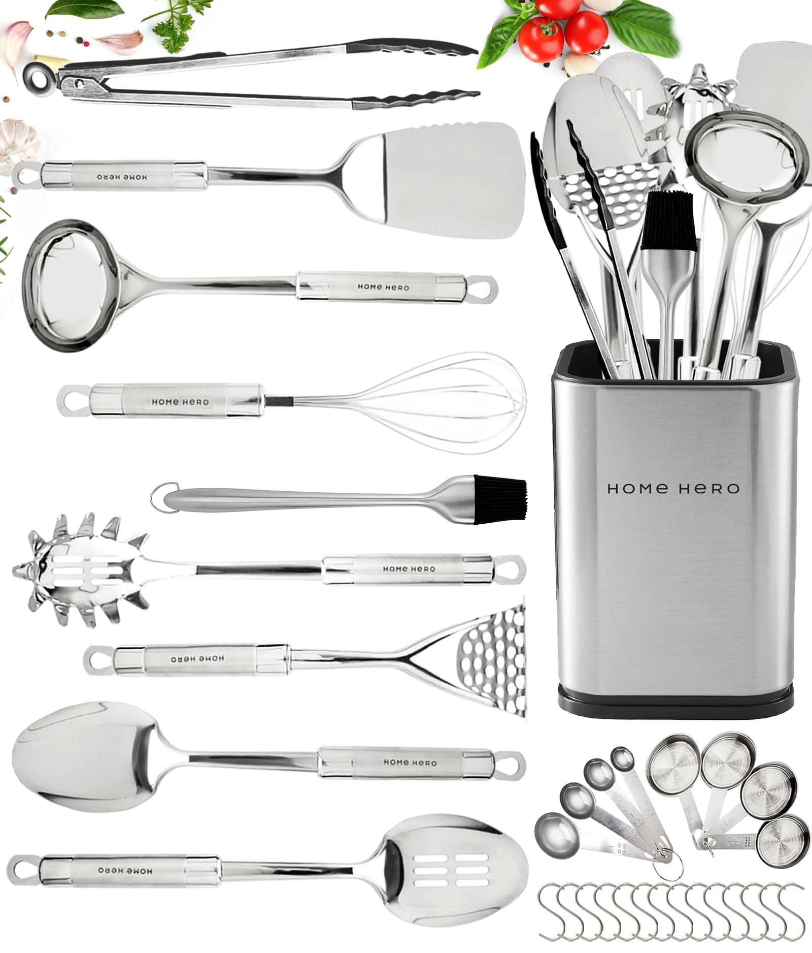 Home Hero juego completo de utensilios de cocina en acero inoxidable para cocinar con confianza.