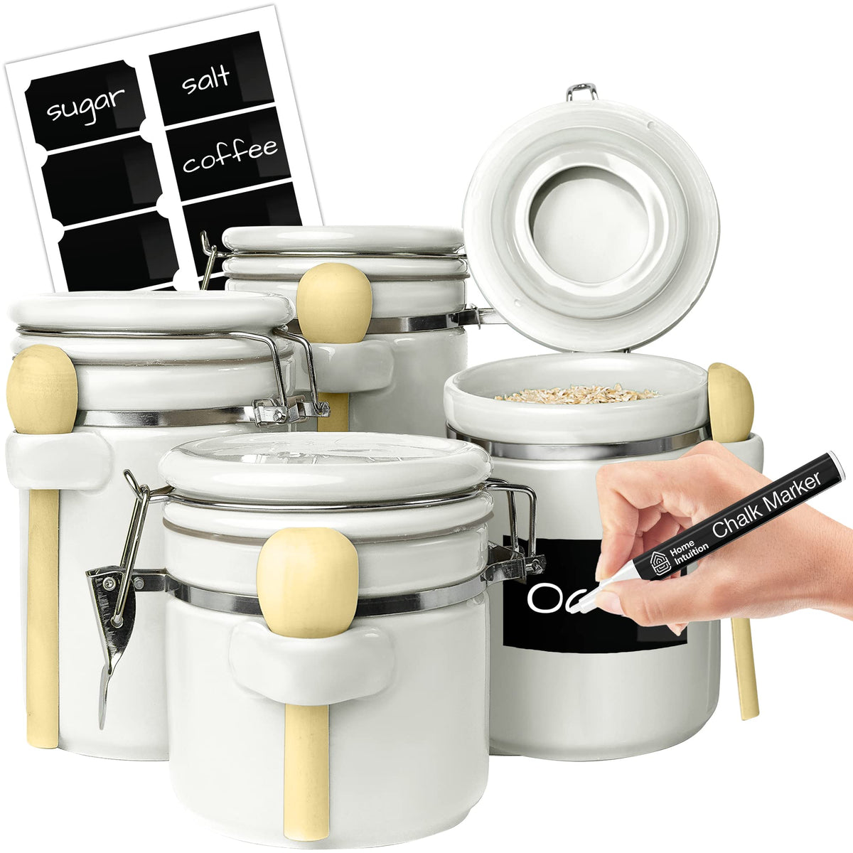 Home Intuition: juego de 4 contenedores cerámicos para organizar azúcar, café, harina y té.