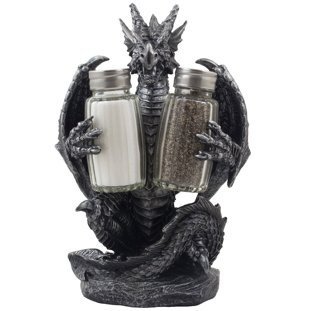 Home 'n Gifts dragón figura sostiene salero y pimienta para mesa temática